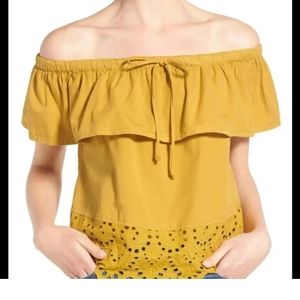 Madewell Off the Shoulder Top Mustard Yellow Size Xxs Eyelet Boho Blouse